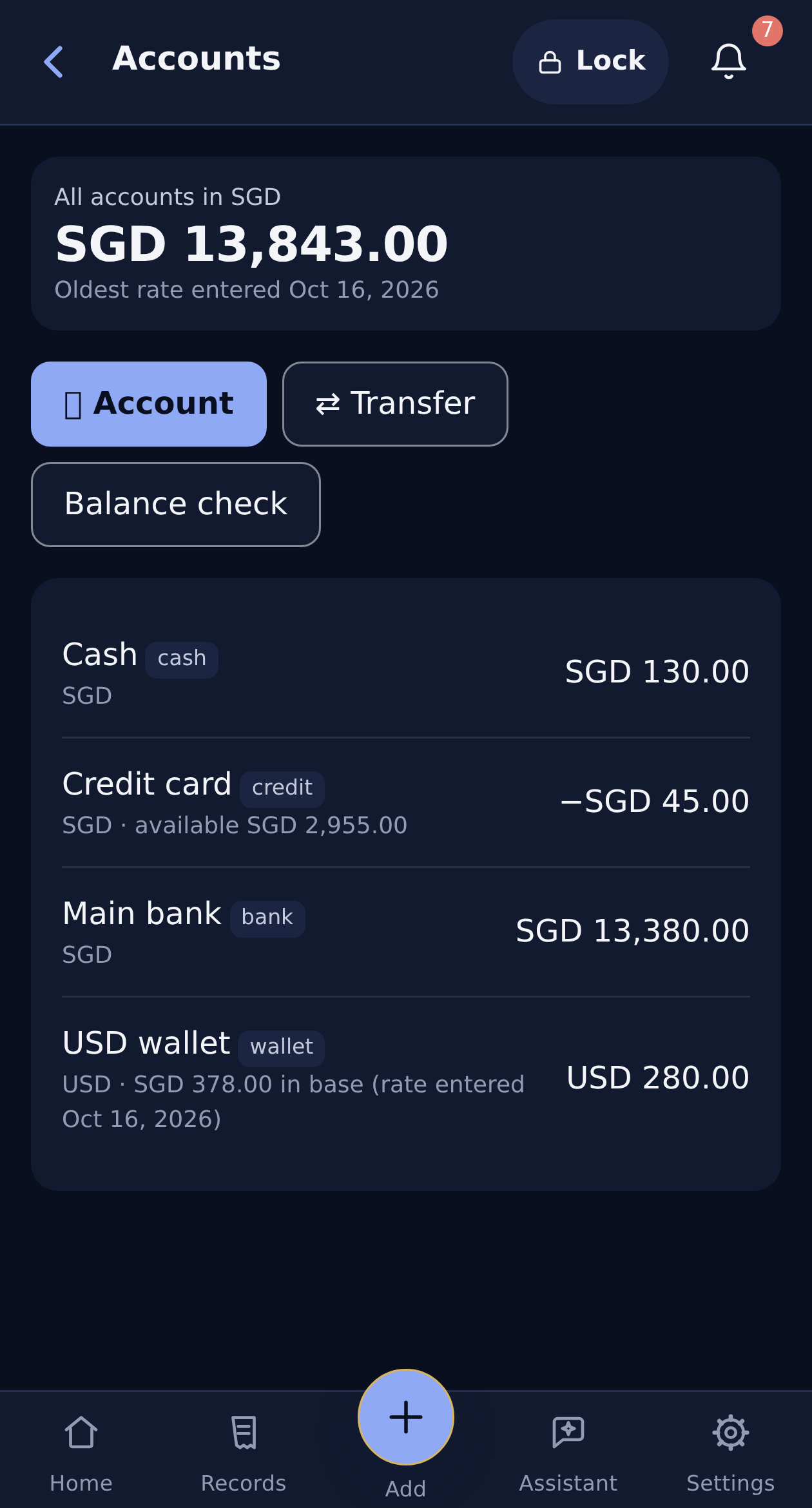 Alex’s accounts and balances