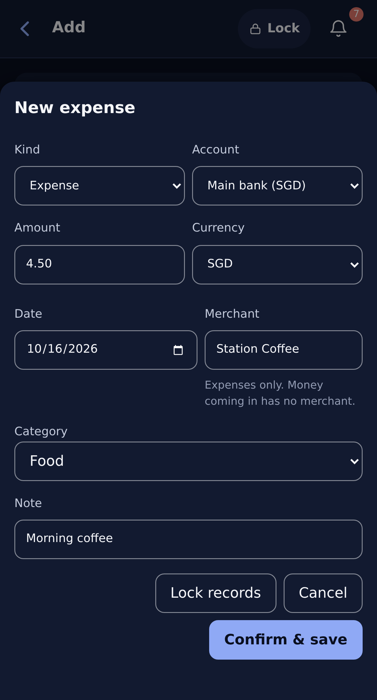 Native expense review form filled with a SGD 4.50 coffee payment