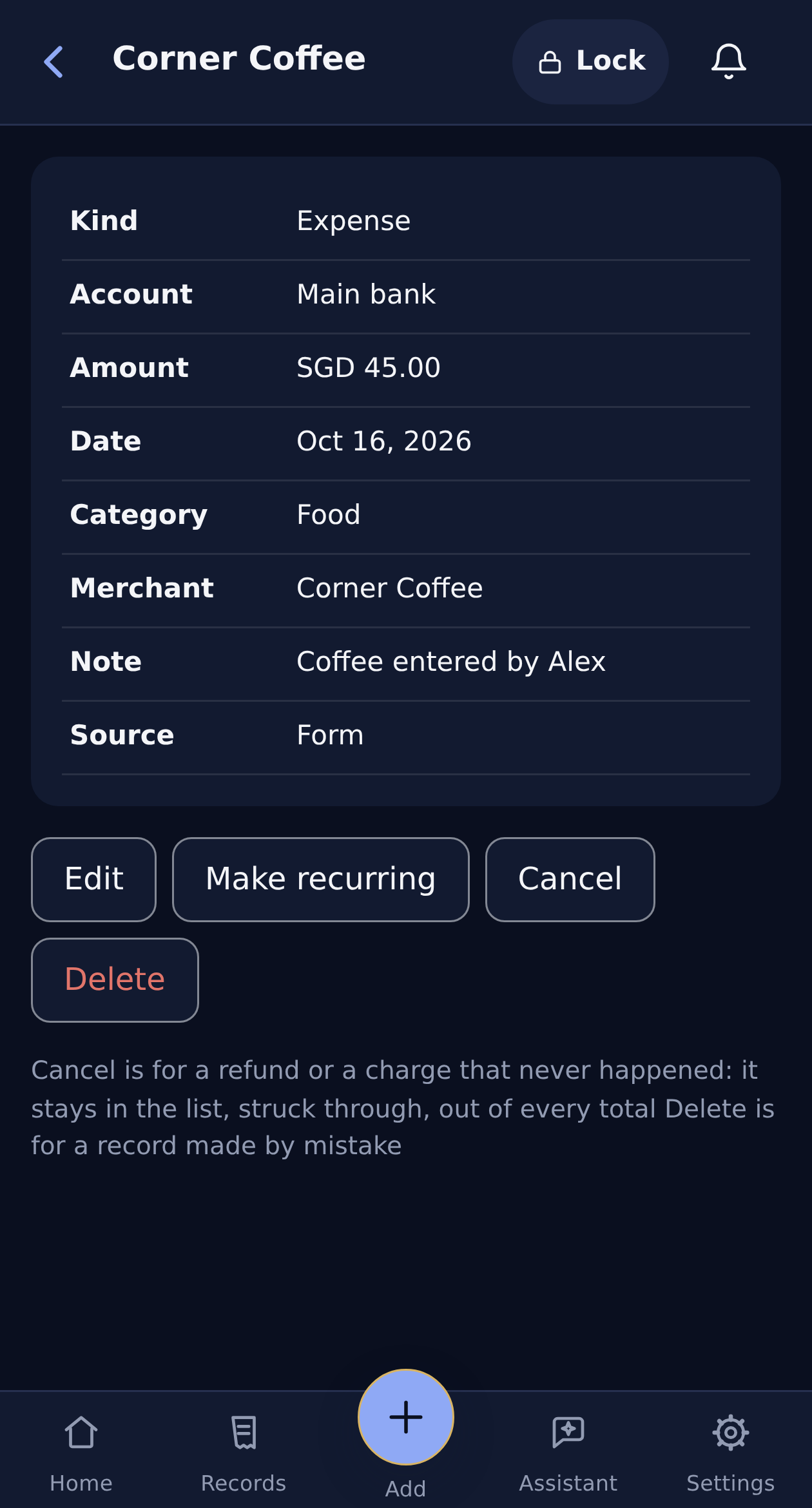 Alex’s selected Corner Coffee payment of SGD 45